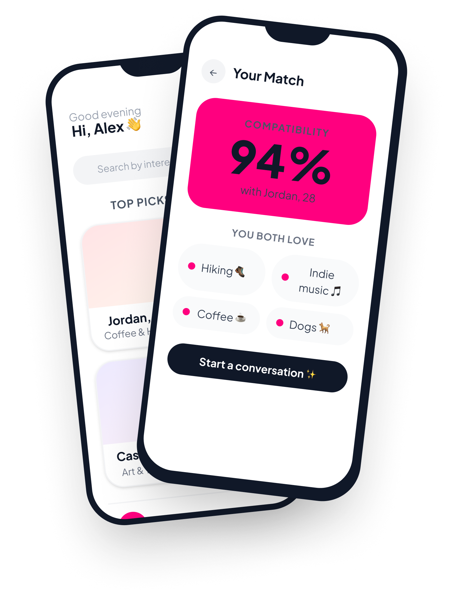 The Pique app showing daily picks and a 94% match with Jordan